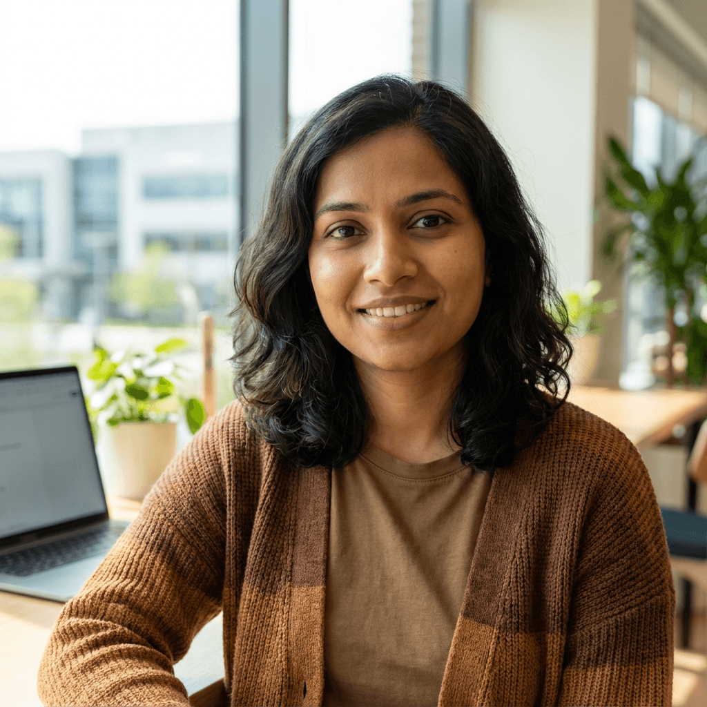 Female freelance consultant in her mid 30s smiling in an office