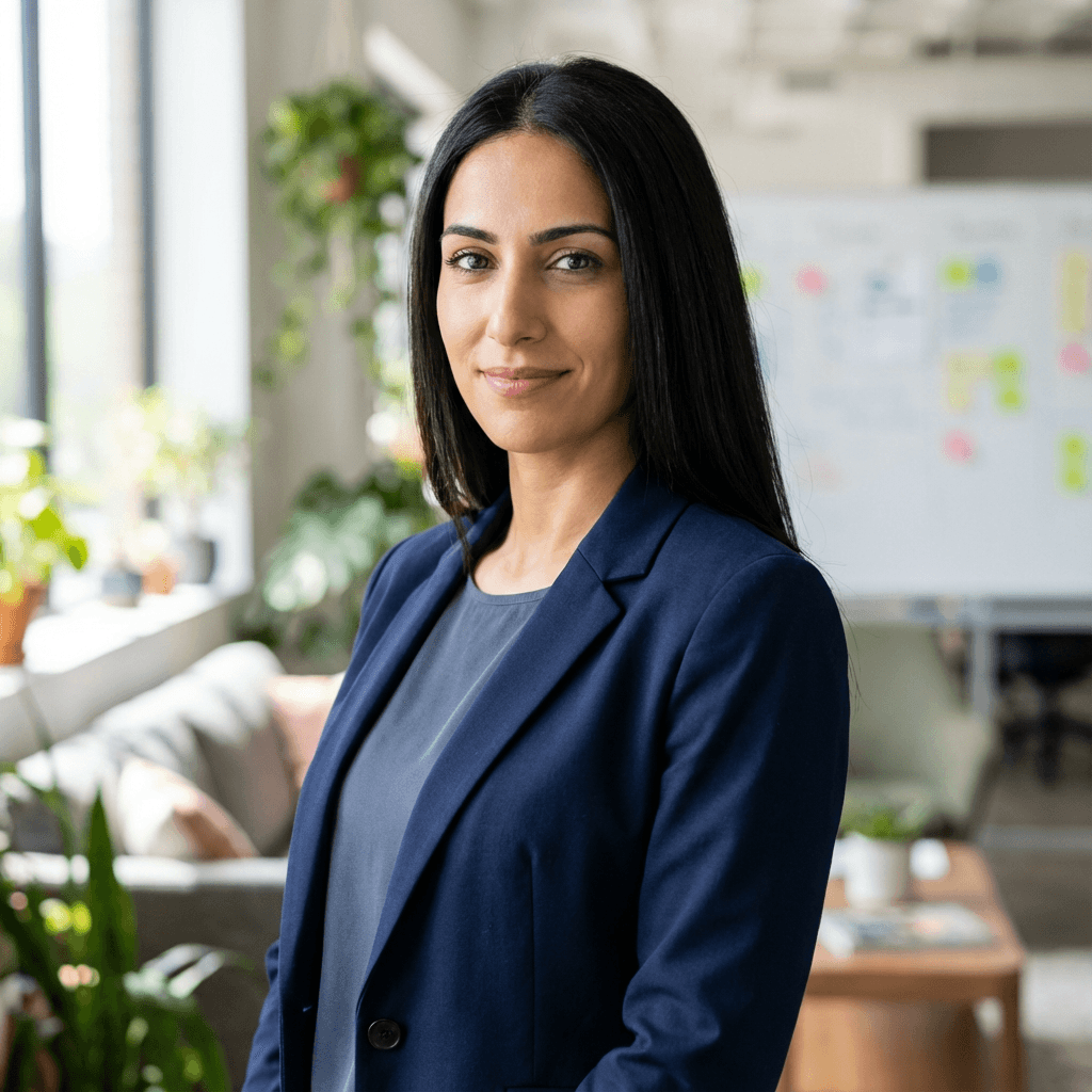 Sarah Mitchell in a blazer in a modern office