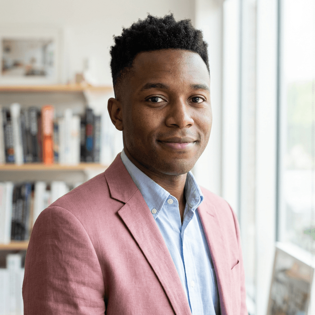 Male small business founder in his late 30s in business casual attire