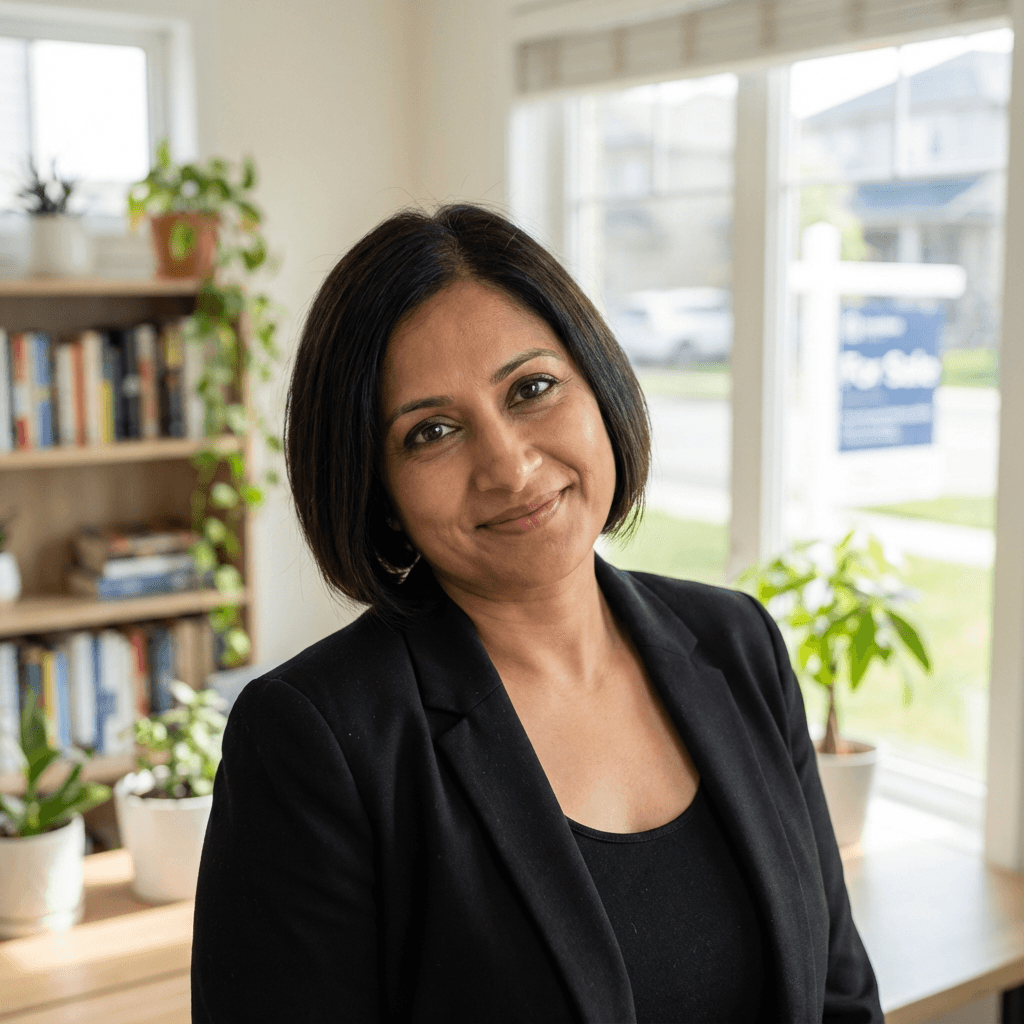 Priya Sharma in a navy blazer in a modern office