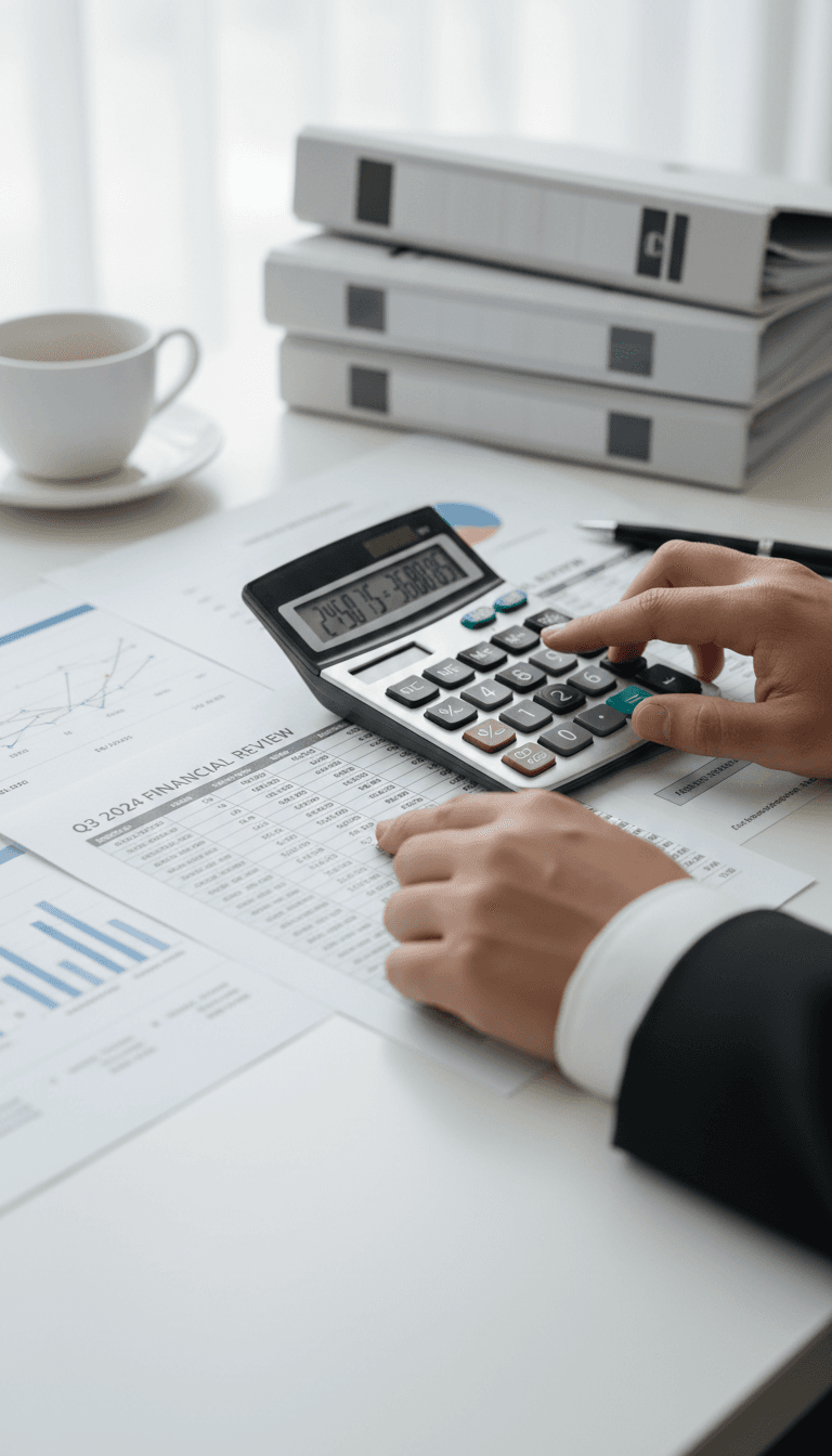 Bookkeeper reviewing financial documents at a clean desk