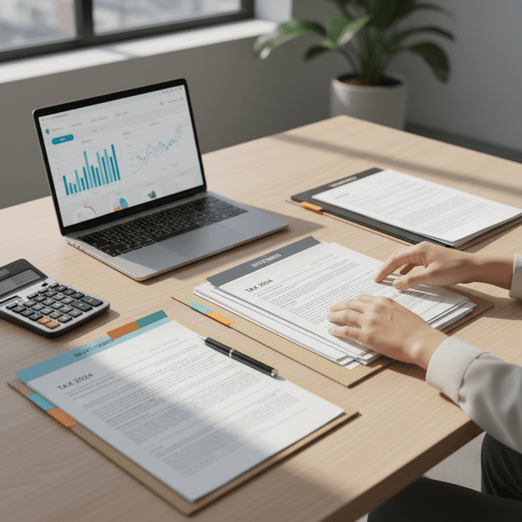 Organized financial documents and calculator on a desk in a bright office