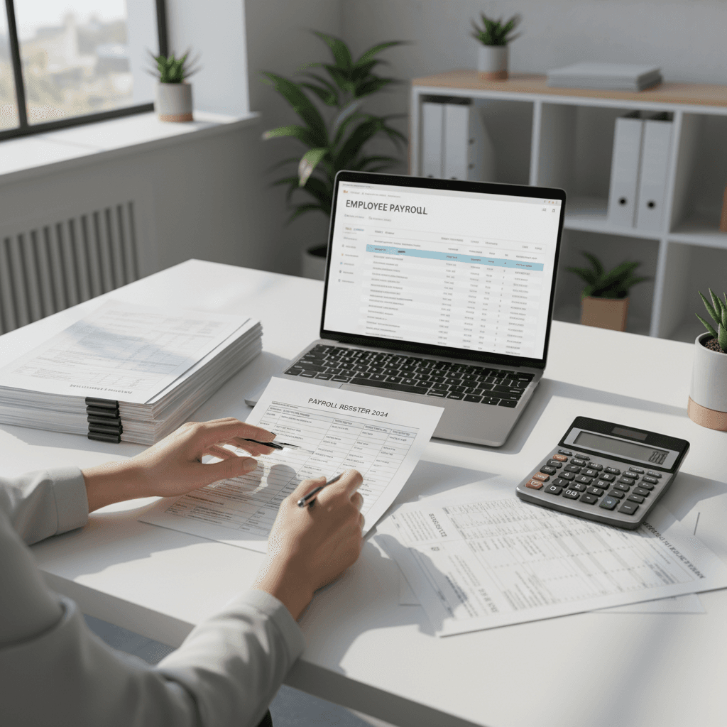 Professional reviewing payroll documents with a calculator in a bright office