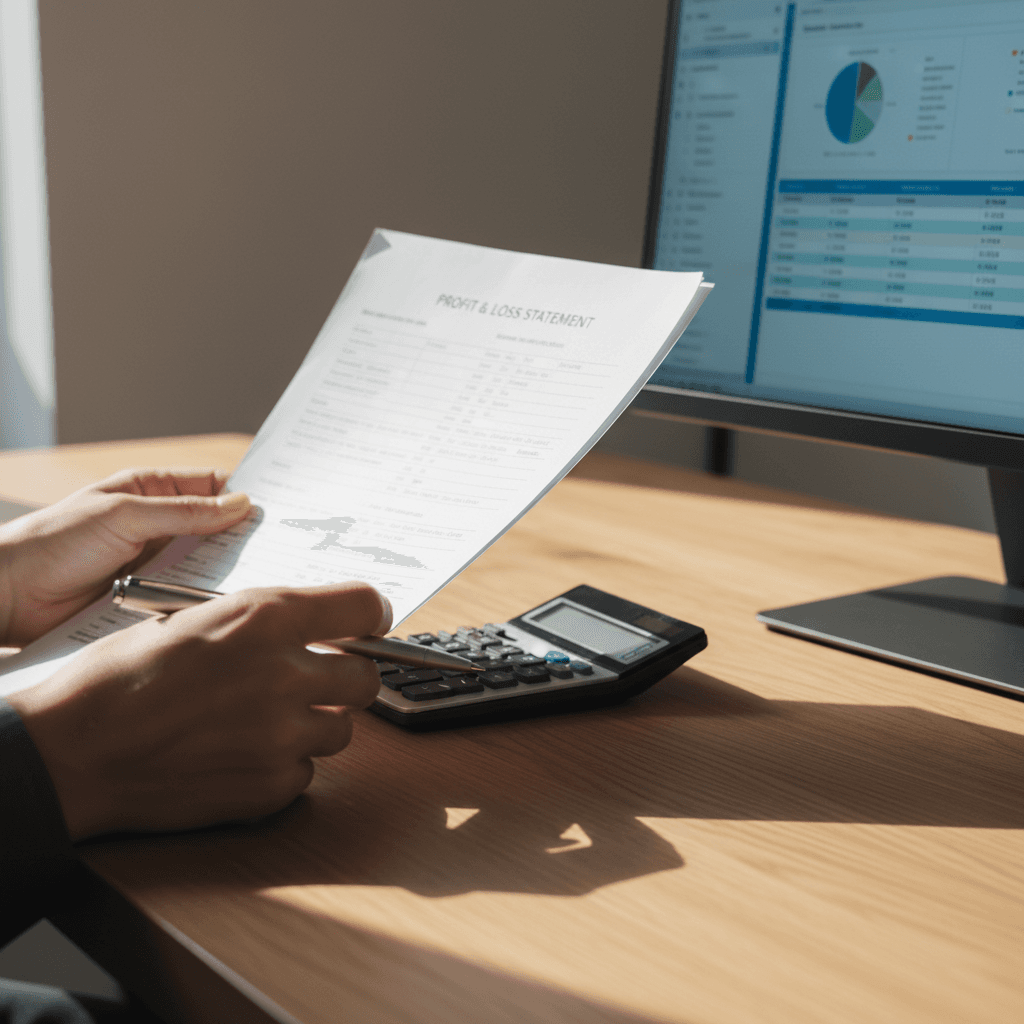 Bookkeeper reviewing financial records at a clean desk