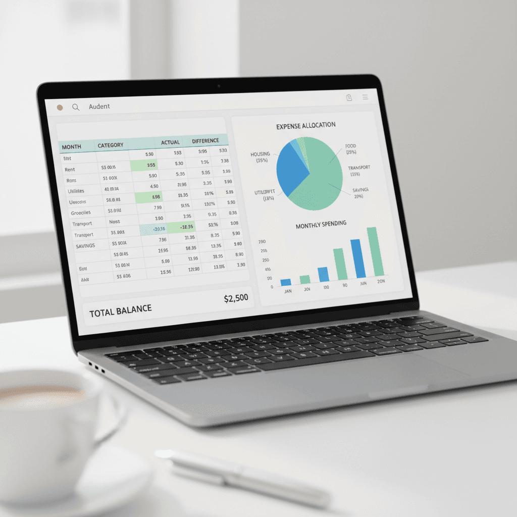 Financial reports and charts spread across an office table with coffee