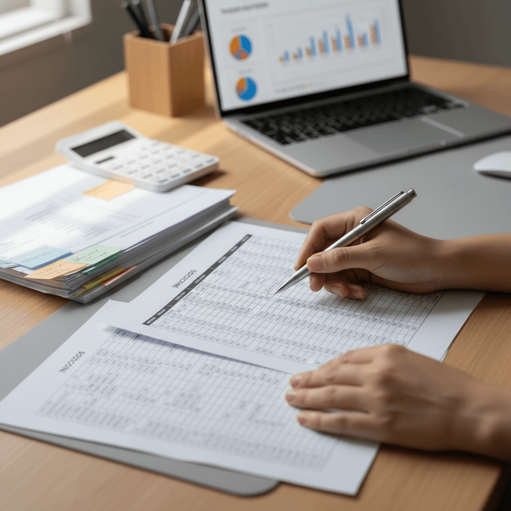 Accountant reviewing invoices and payment schedules at a clean modern desk