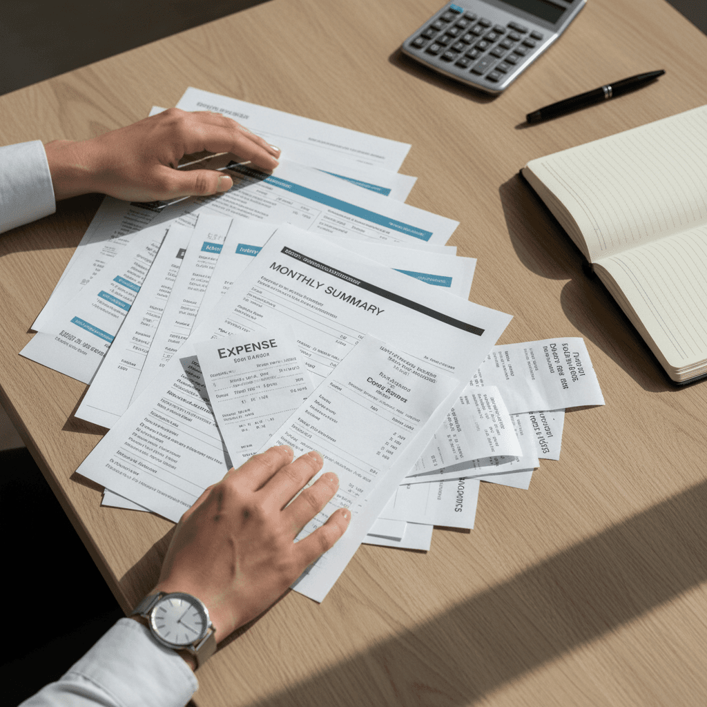 Business person organizing bills and receipts in a tidy workspace