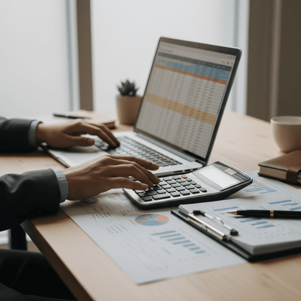 Accountant entering financial transactions into a laptop at an organized desk