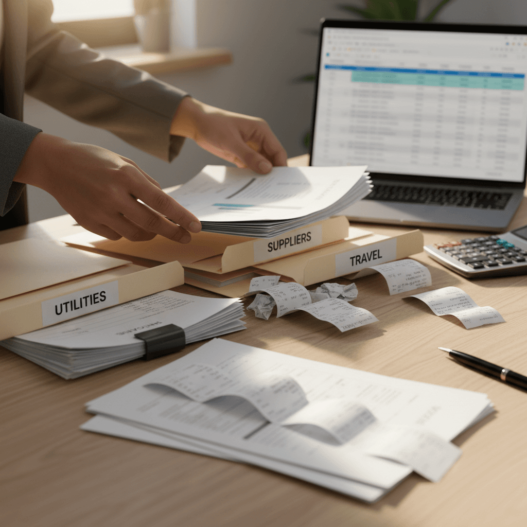 Financial documents and bank statements organized on an office desk