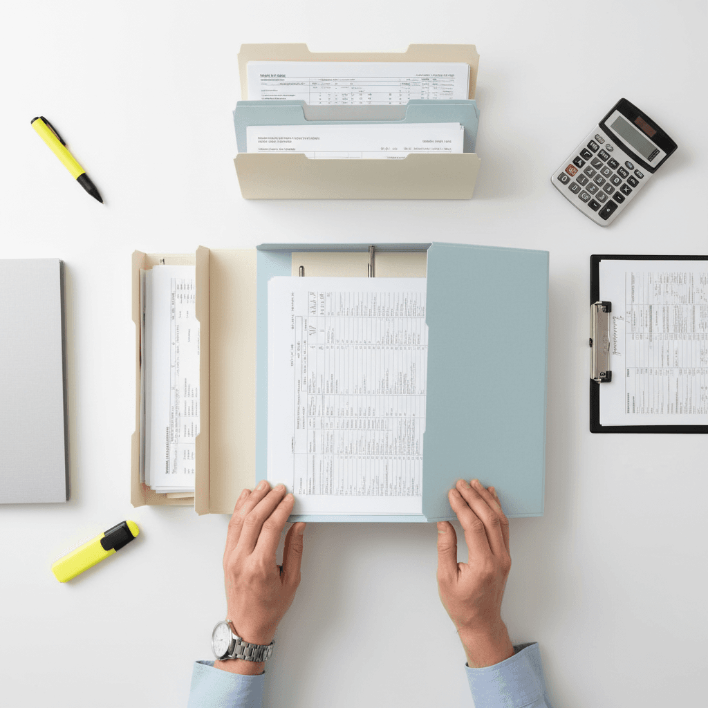 Neatly stacked financial folders and receipts