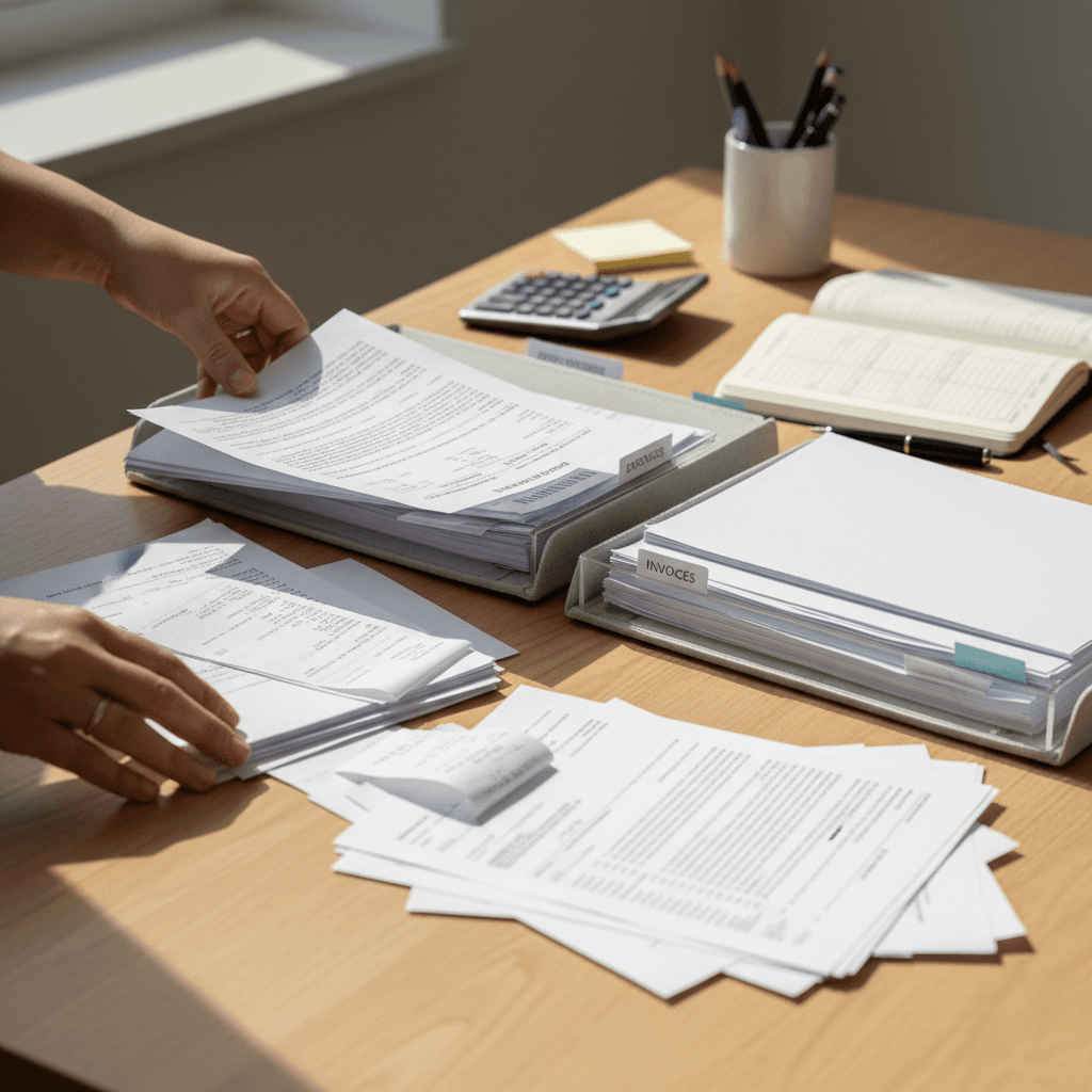 Bookkeeper organizing financial documents at a clean desk